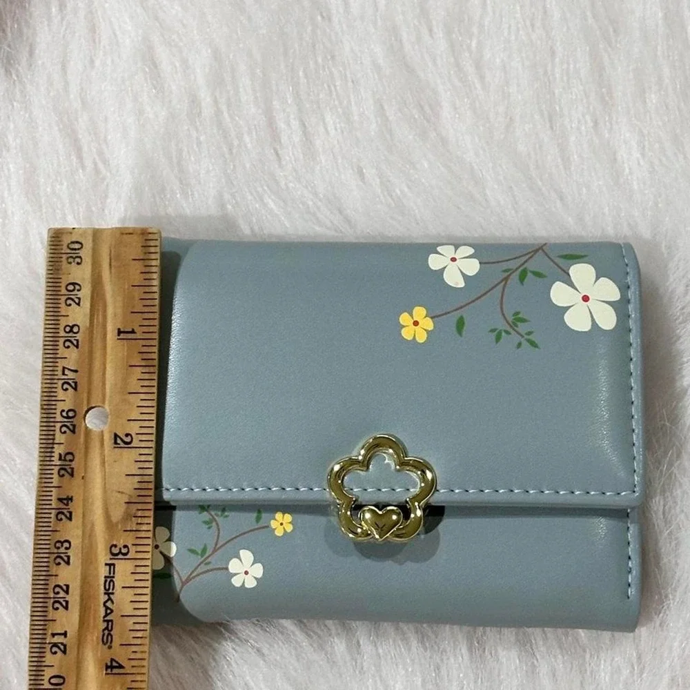Small Trifold Wallet Dusty Blue Floral Gold Flower Clasp Zip Pocket